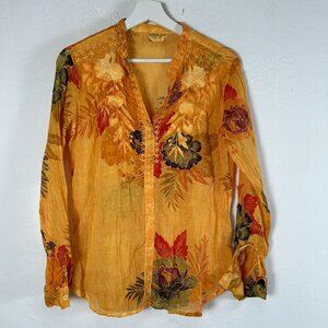 Vintage Goa Womens Floral Embroidered Blouse Small Split Neck Roll-Tab Sleeve
